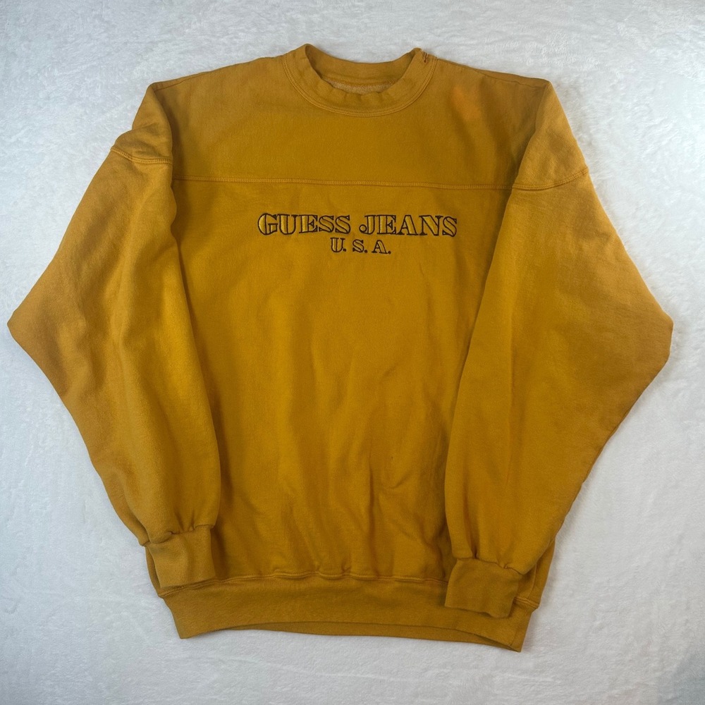 Vintage‎ Guess Jeans USA Crewneck Sweatshirt Mustard Yellow Embroidered Mens L